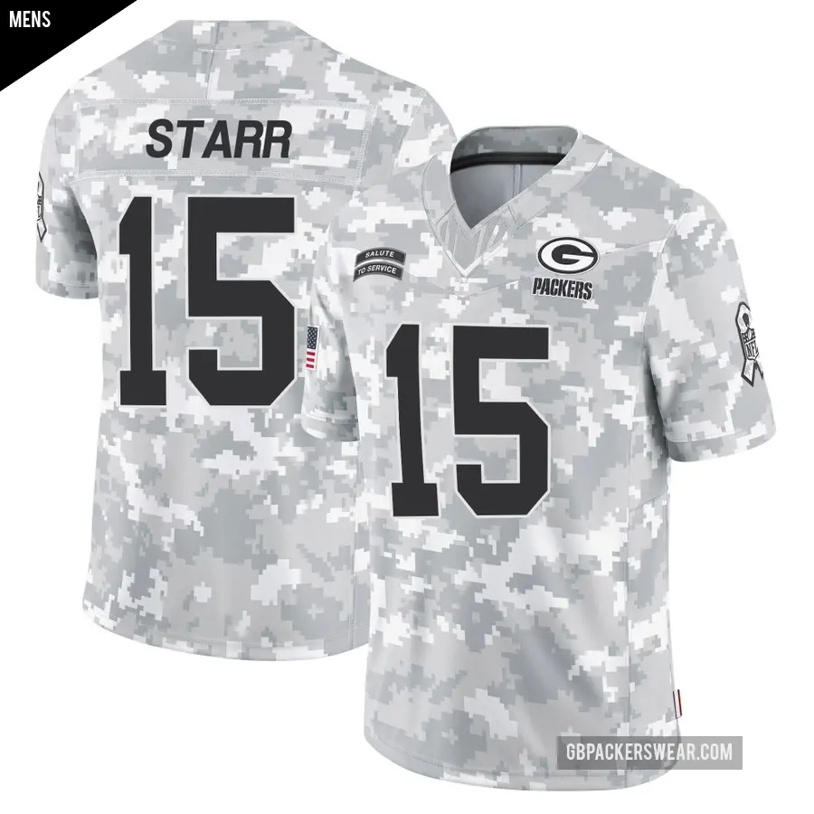 Men's Green Bay Packers ＃15 Bart Starr Arctic Camo Limited 2024 Salute to Service Jersey
