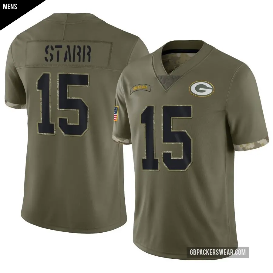 Men's Green Bay Packers ＃15 Bart Starr Olive Limited 2022 Salute To Service Jersey