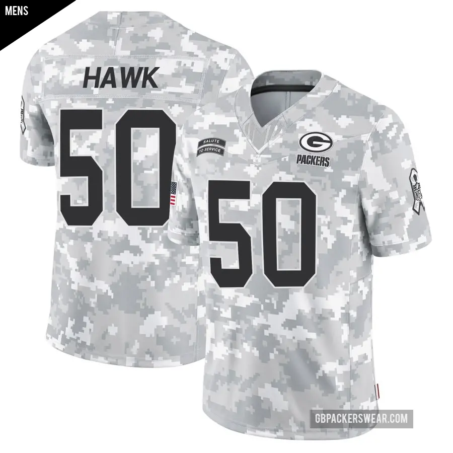 Men's Green Bay Packers ＃50 A.J. Hawk Arctic Camo Limited 2024 Salute to Service Jersey