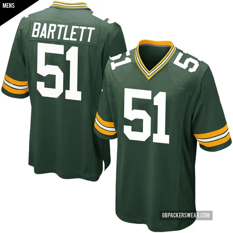 Men's Green Bay Packers ＃51 Jared Bartlett Green Game Team Color Jersey