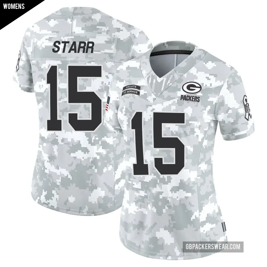 Women's Green Bay Packers ＃15 Bart Starr Arctic Camo Limited 2024 Salute to Service Jersey