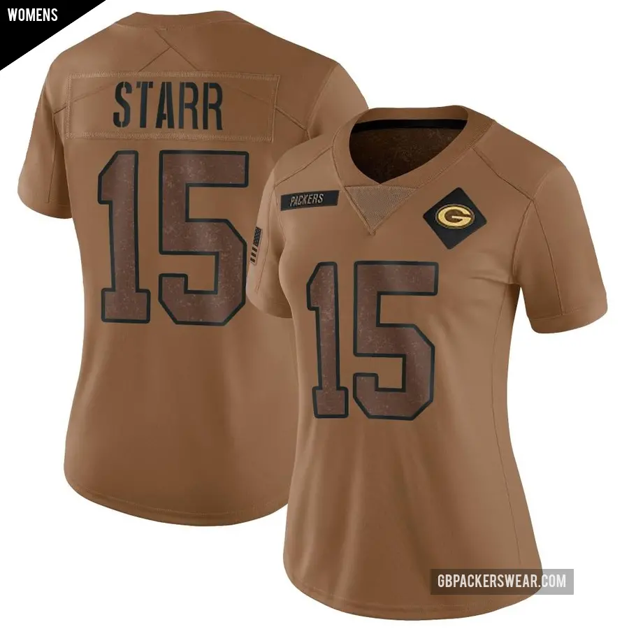 Women's Green Bay Packers ＃15 Bart Starr Brown Limited 2023 Salute To Service Jersey
