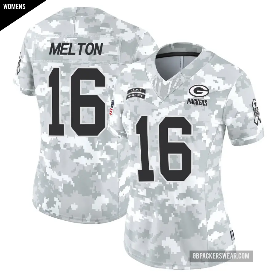 Women's Green Bay Packers ＃16 Bo Melton Arctic Camo Limited 2024 Salute to Service Jersey