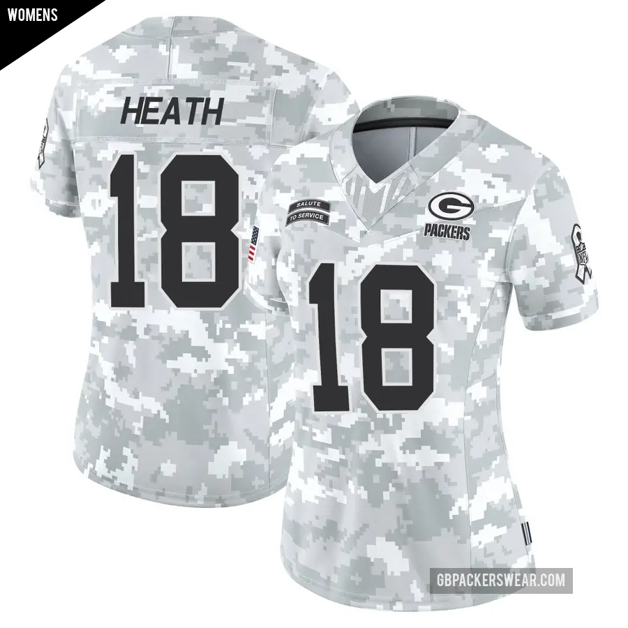 Women's Green Bay Packers ＃18 Malik Heath Arctic Camo Limited 2024 Salute to Service Jersey