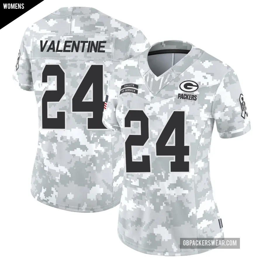 Women's Green Bay Packers ＃24 Carrington Valentine Arctic Camo Limited 2024 Salute to Service Jersey