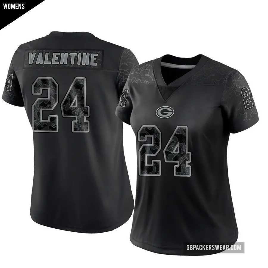 Women's Green Bay Packers ＃24 Carrington Valentine Black Limited Reflective Jersey