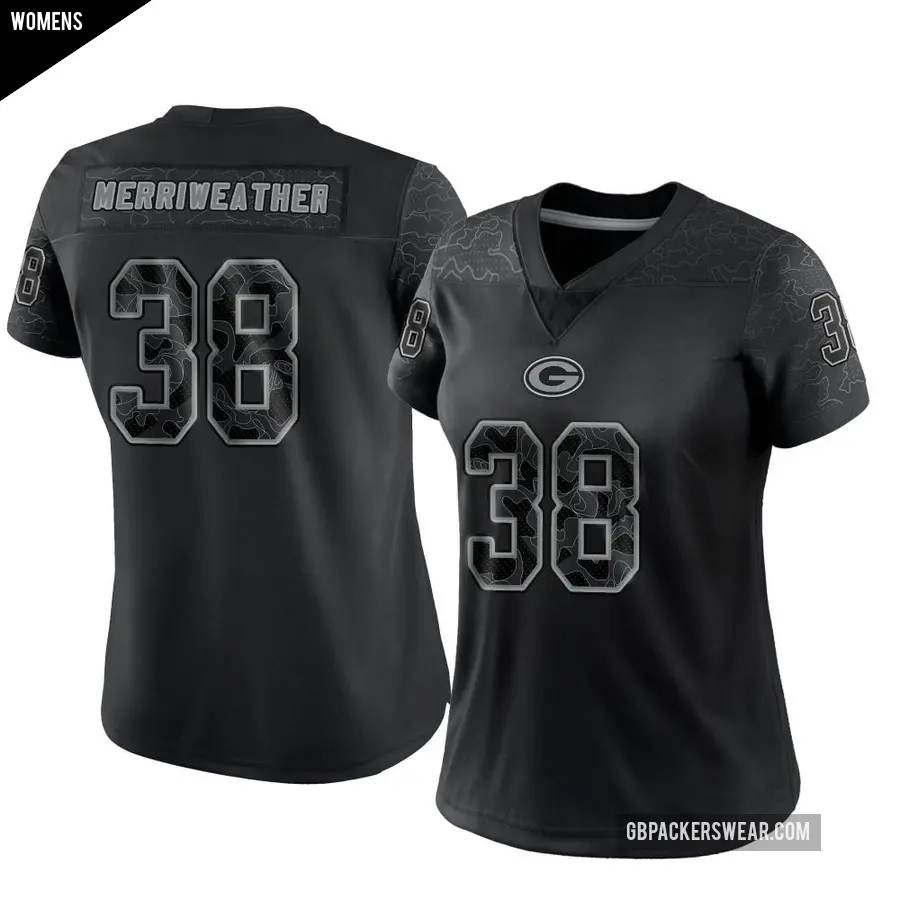 Women's Green Bay Packers ＃38 Ellis Merriweather Black Limited Reflective Jersey