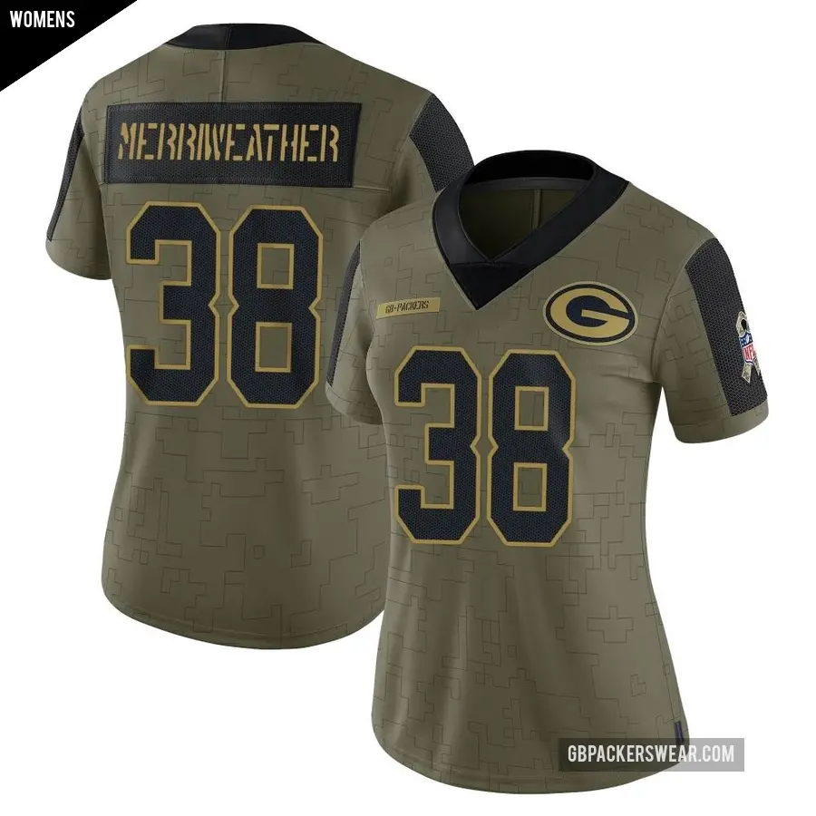 Women's Green Bay Packers ＃38 Ellis Merriweather Olive Limited 2021 Salute To Service Jersey