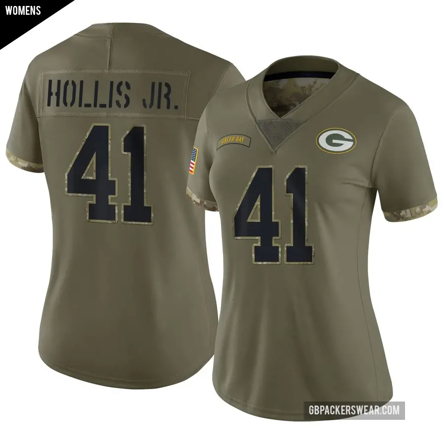 Women's Green Bay Packers ＃41 Garnett Hollis Jr. Olive Limited 2022 Salute To Service Jersey