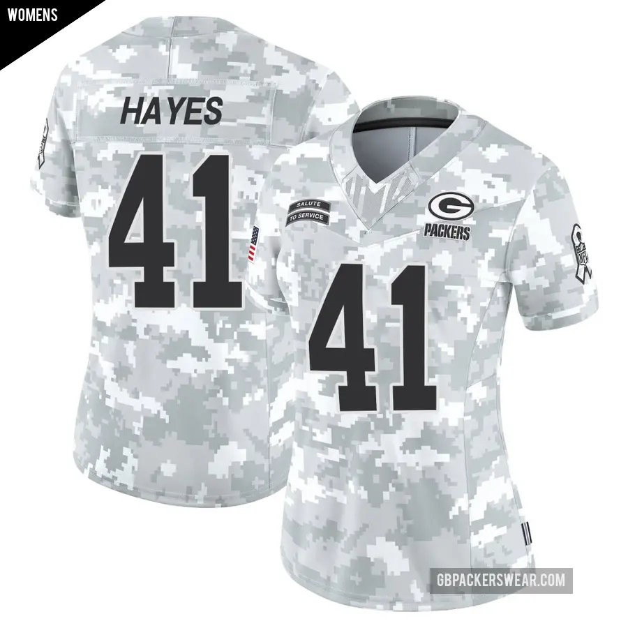 Women's Green Bay Packers ＃41 Kaleb Hayes Arctic Camo Limited 2024 Salute to Service Jersey