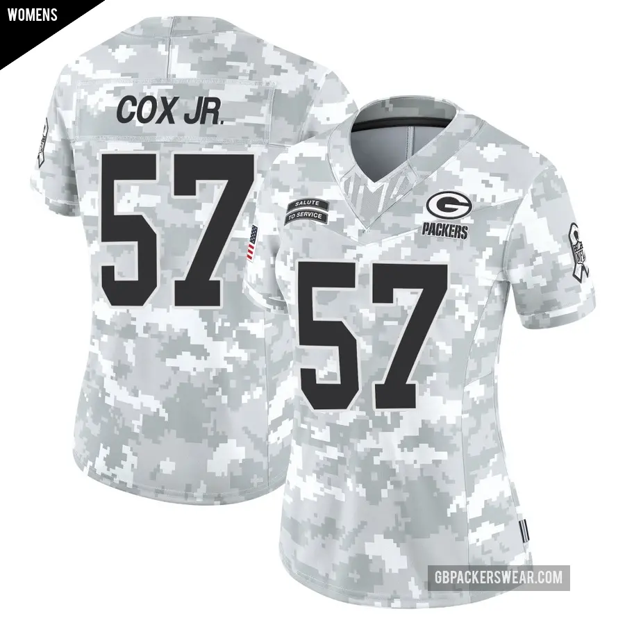 Women's Green Bay Packers ＃57 Brenton Cox Jr. Arctic Camo Limited 2024 Salute to Service Jersey