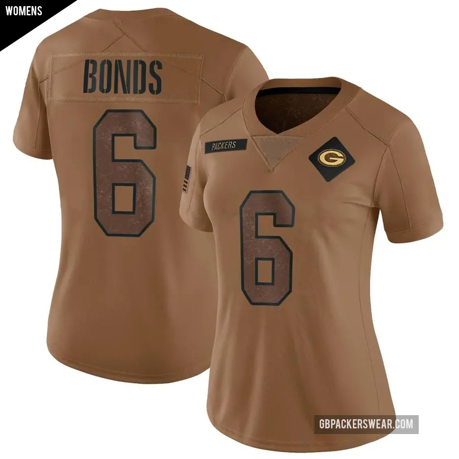 Women's Green Bay Packers ＃6 Jadakis Bonds Brown Limited 2023 Salute To Service Jersey