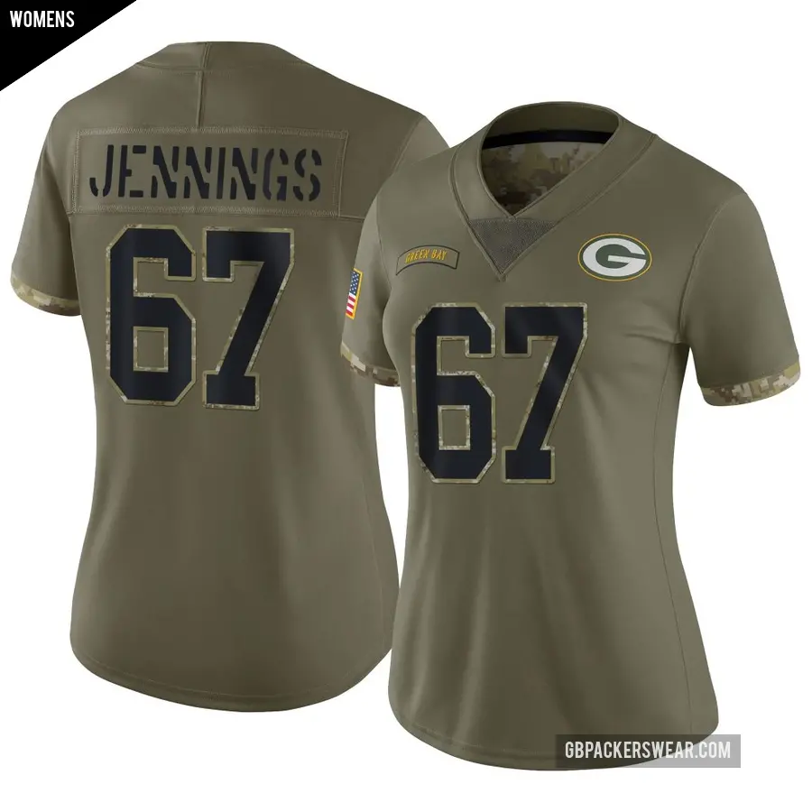 Women's Green Bay Packers ＃67 Donovan Jennings Olive Limited 2022 Salute To Service Jersey