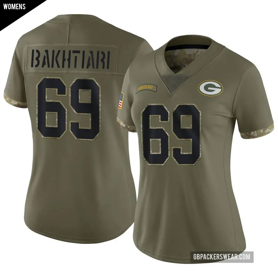 Women's Green Bay Packers ＃69 David Bakhtiari Olive Limited 2022 Salute To Service Jersey