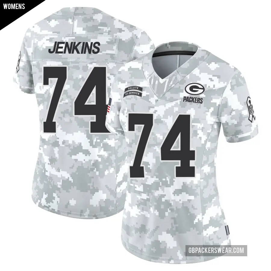 Women's Green Bay Packers ＃74 Elgton Jenkins Arctic Camo Limited 2024 Salute to Service Jersey