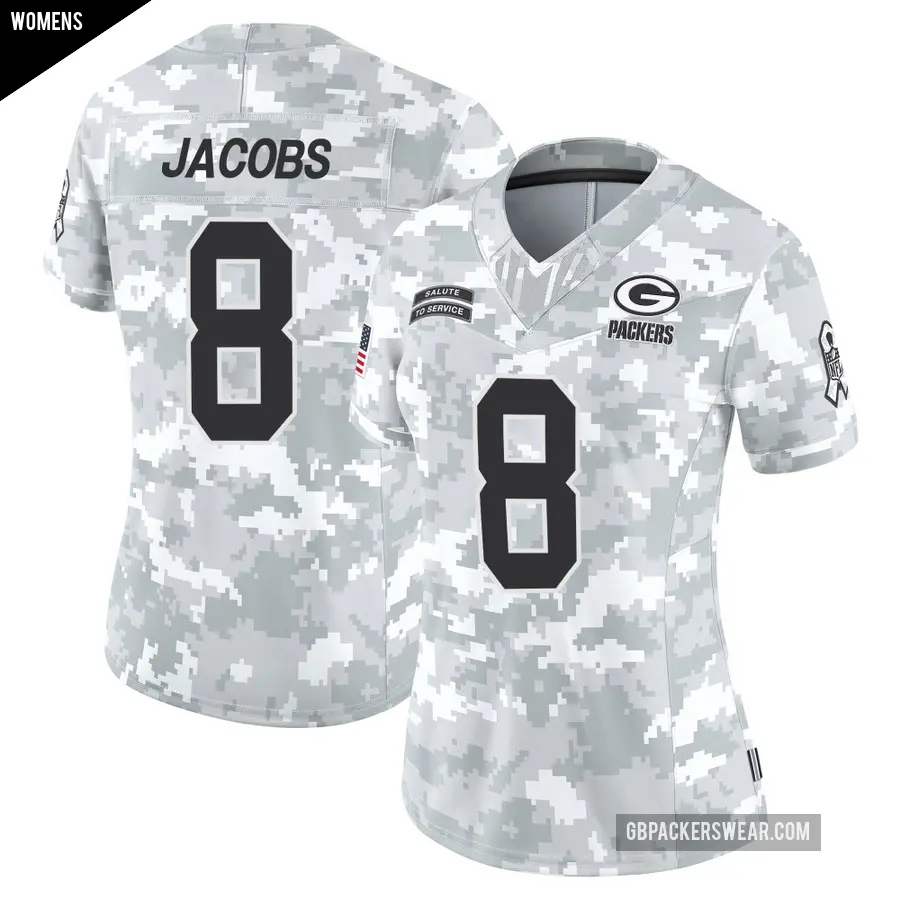 Women's Green Bay Packers ＃8 Josh Jacobs Arctic Camo Limited 2024 Salute to Service Jersey