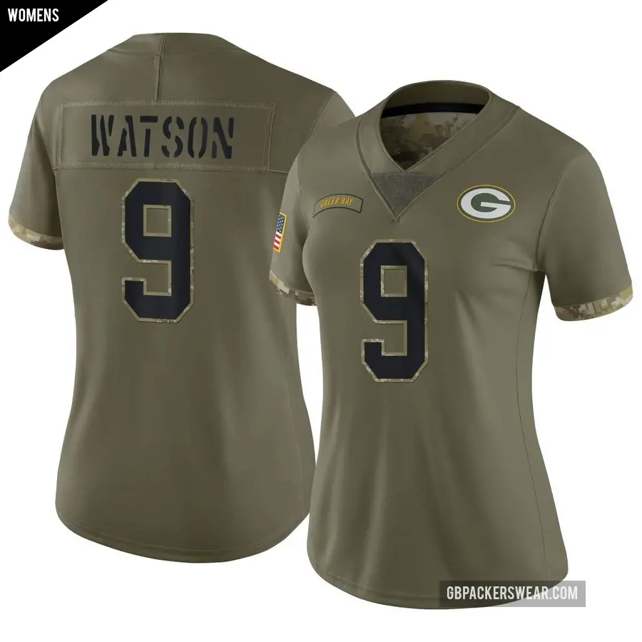 Women's Green Bay Packers ＃9 Christian Watson Olive Limited 2022 Salute To Service Jersey