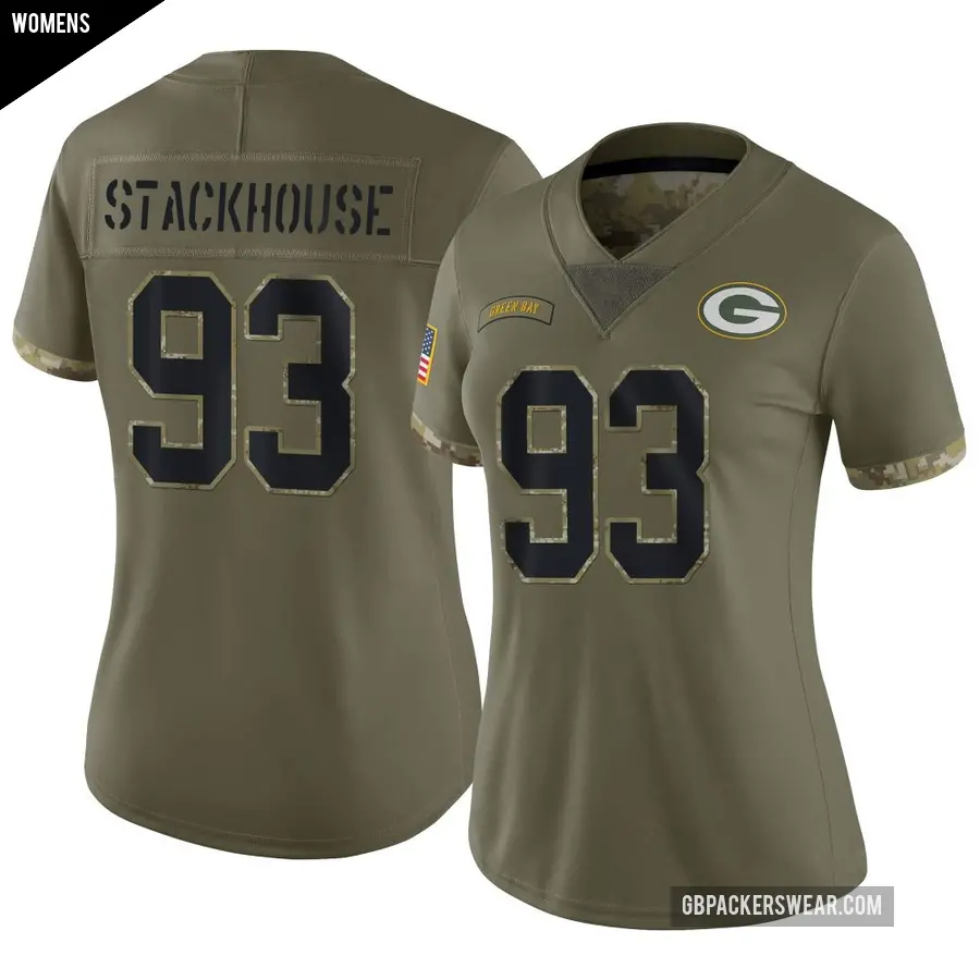 Women's Green Bay Packers ＃93 Nazir Stackhouse Olive Limited 2022 Salute To Service Jersey
