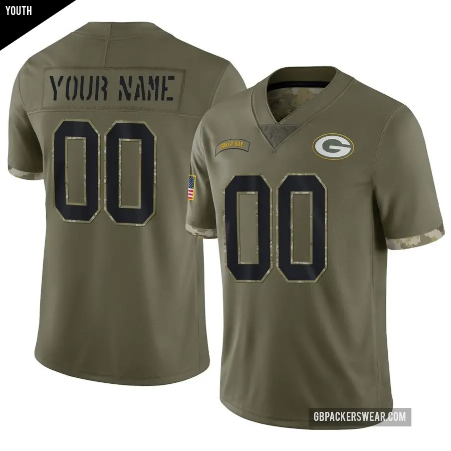Youth Green Bay Packers ＃00 Custom Olive Limited 2022 Salute To Service Jersey