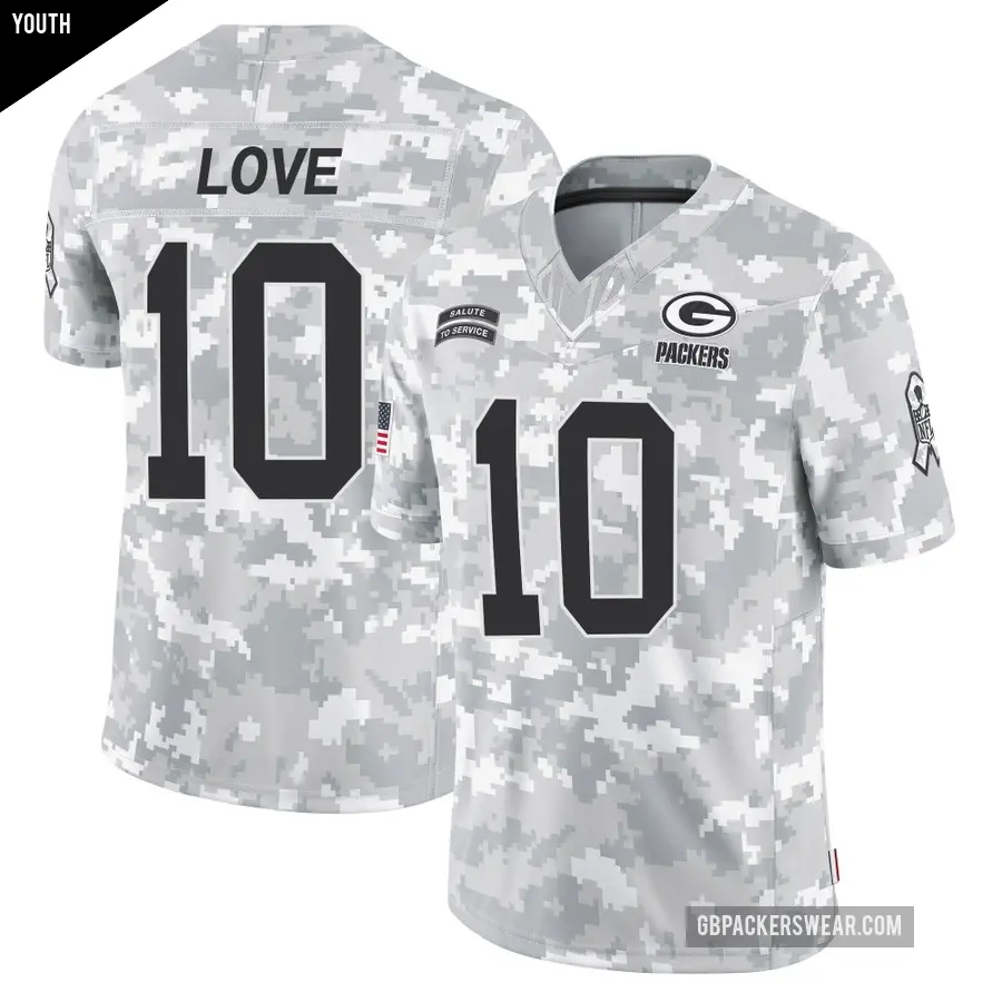 Youth Green Bay Packers ＃10 Jordan Love Arctic Camo Limited 2024 Salute to Service Jersey