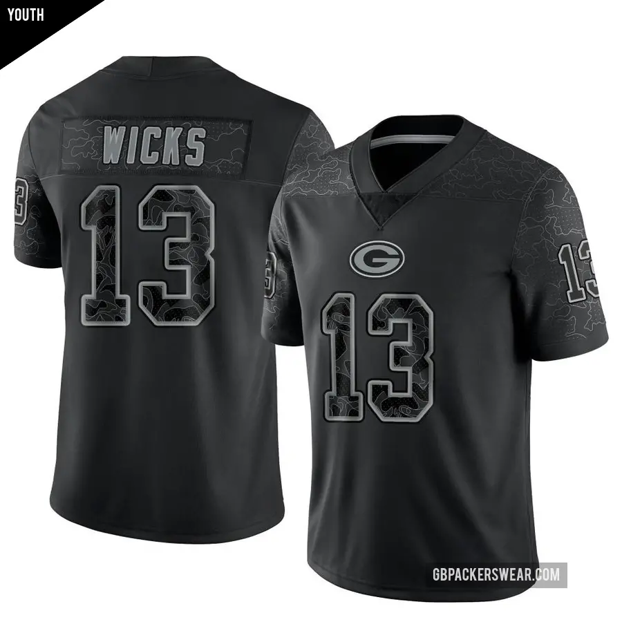 Youth Green Bay Packers ＃13 Dontayvion Wicks Black Limited Reflective Jersey