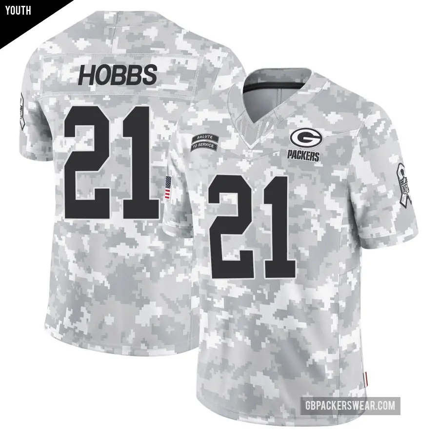 Youth Green Bay Packers ＃21 Nate Hobbs Arctic Camo Limited 2024 Salute to Service Jersey