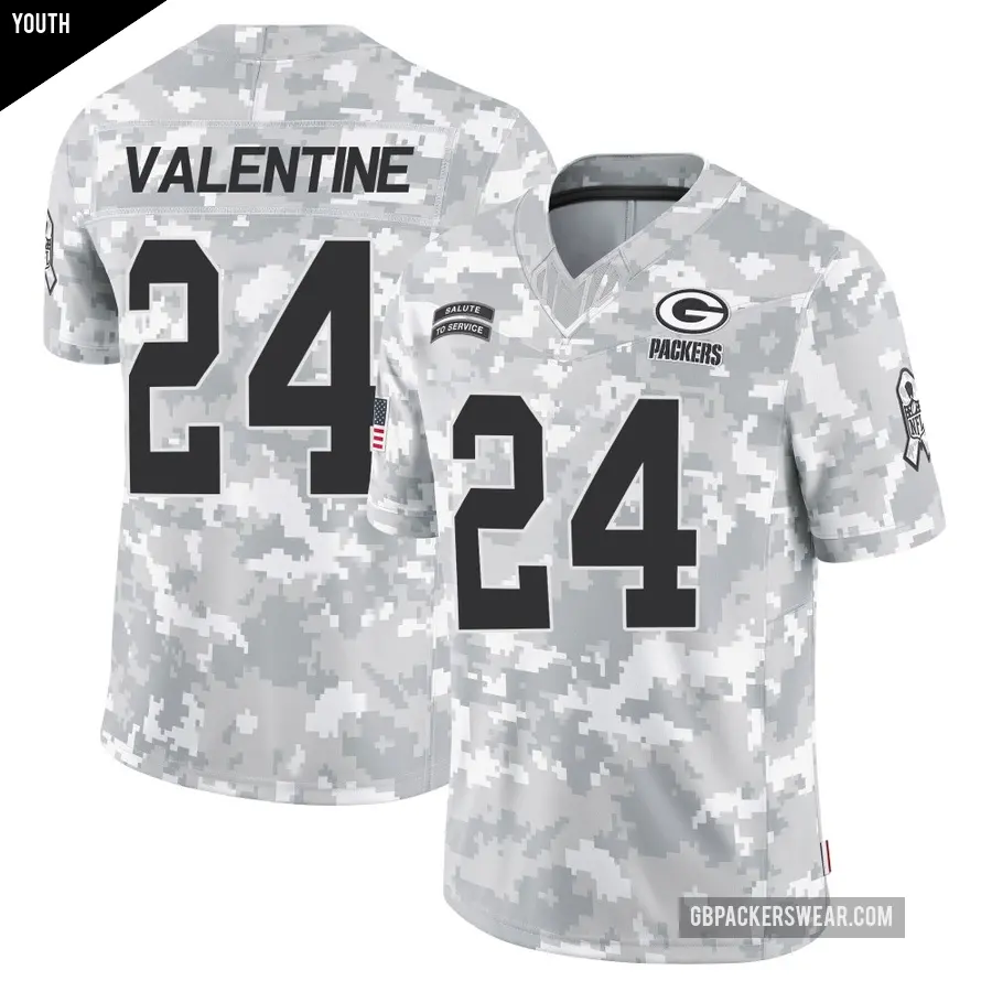 Youth Green Bay Packers ＃24 Carrington Valentine Arctic Camo Limited 2024 Salute to Service Jersey