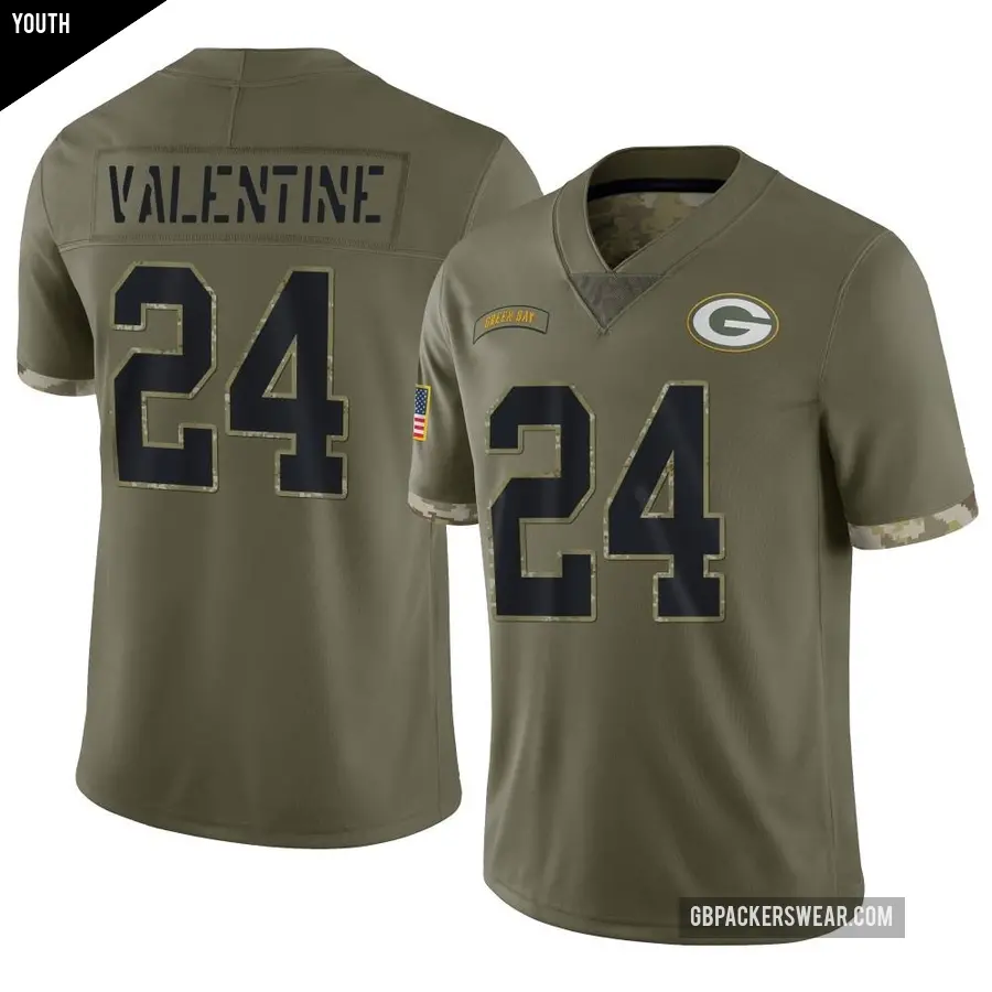 Youth Green Bay Packers ＃24 Carrington Valentine Olive Limited 2022 Salute To Service Jersey