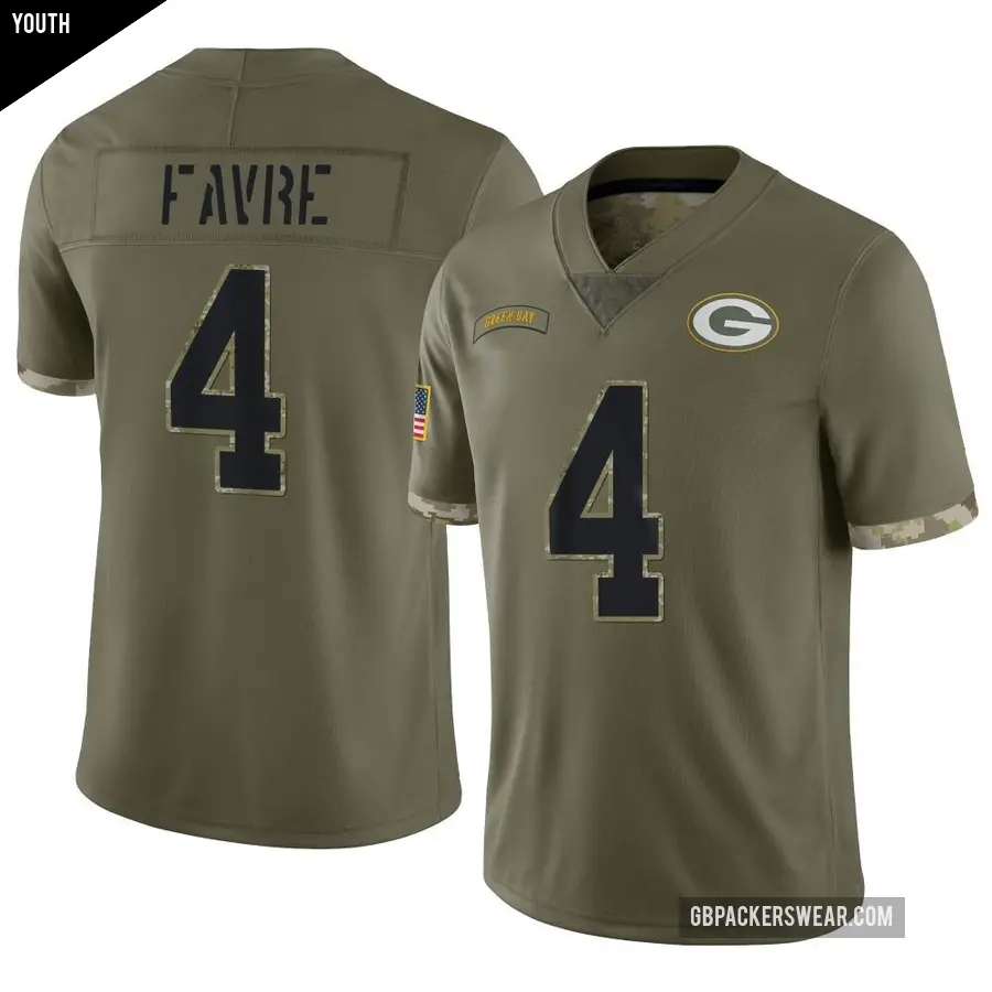Youth Green Bay Packers ＃4 Brett Favre Olive Limited 2022 Salute To Service Jersey