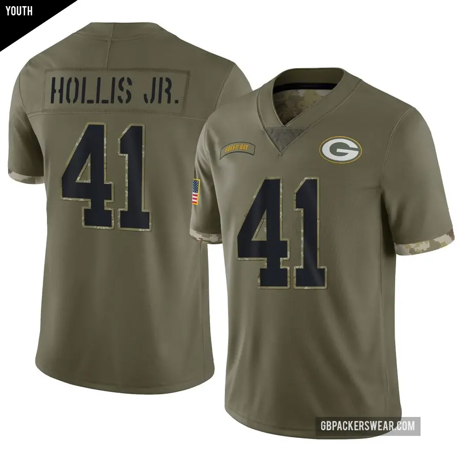 Youth Green Bay Packers ＃41 Garnett Hollis Jr. Olive Limited 2022 Salute To Service Jersey