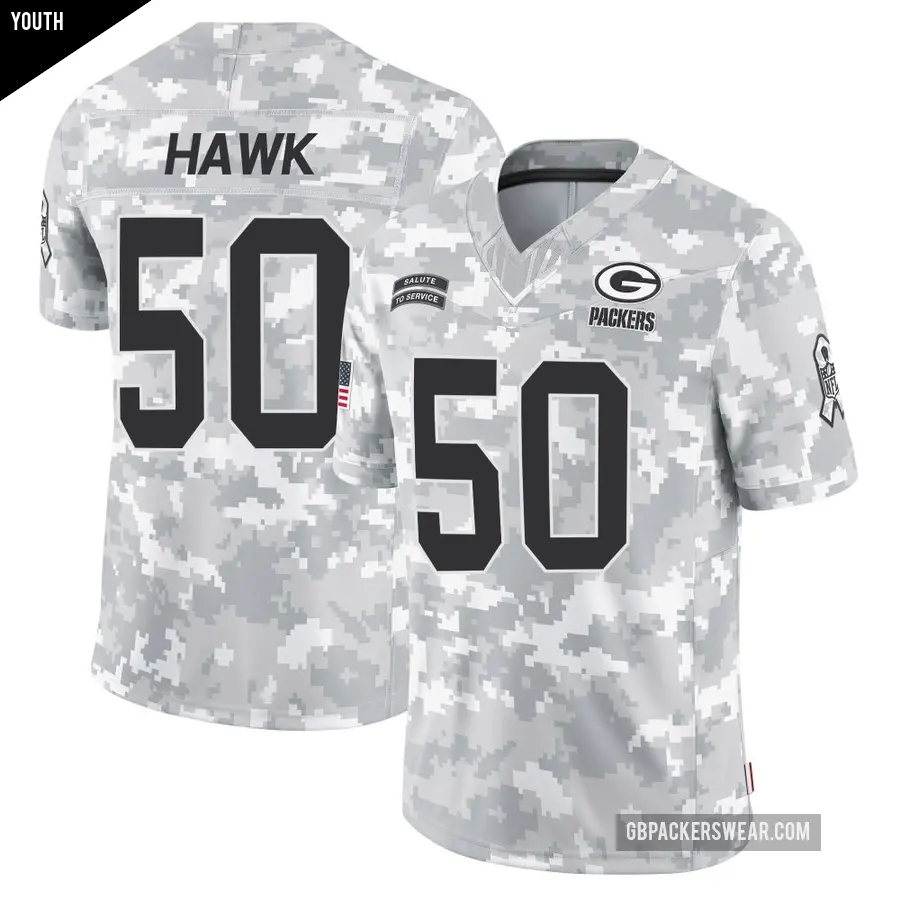 Youth Green Bay Packers ＃50 A.J. Hawk Arctic Camo Limited 2024 Salute to Service Jersey