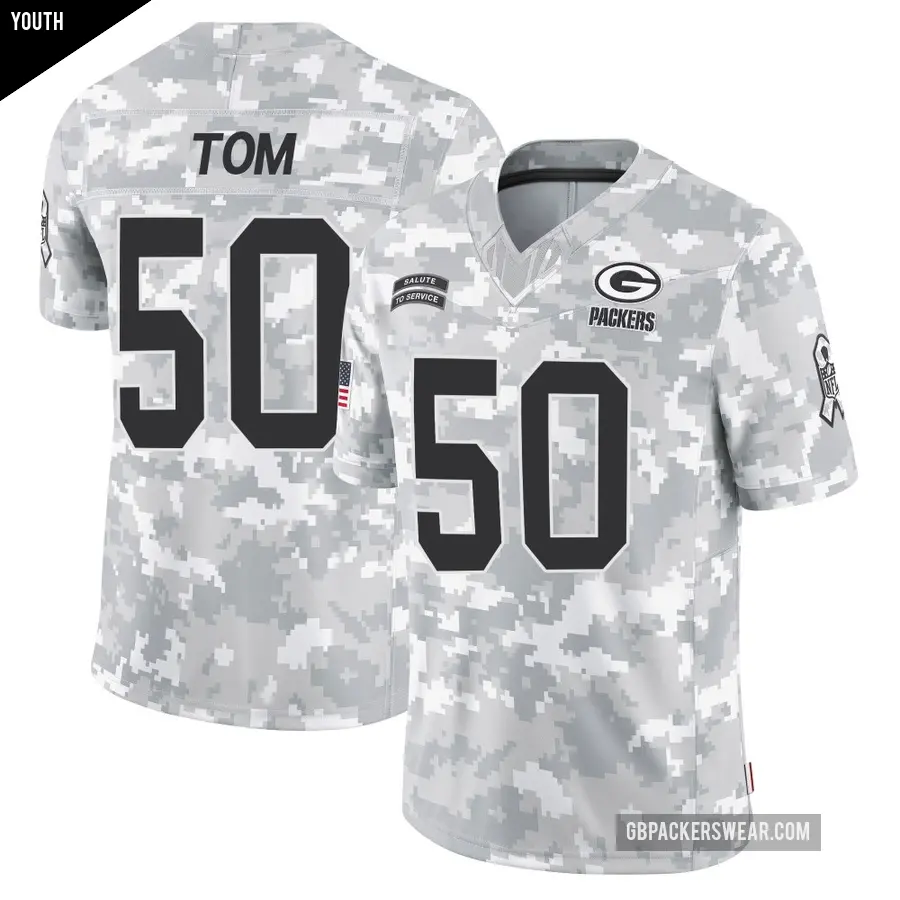 Youth Green Bay Packers ＃50 Zach Tom Arctic Camo Limited 2024 Salute to Service Jersey