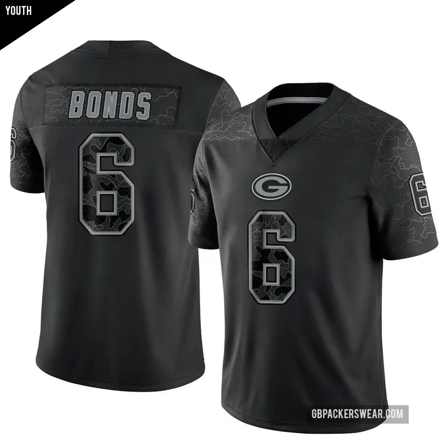 Youth Green Bay Packers ＃6 Jadakis Bonds Black Limited Reflective Jersey