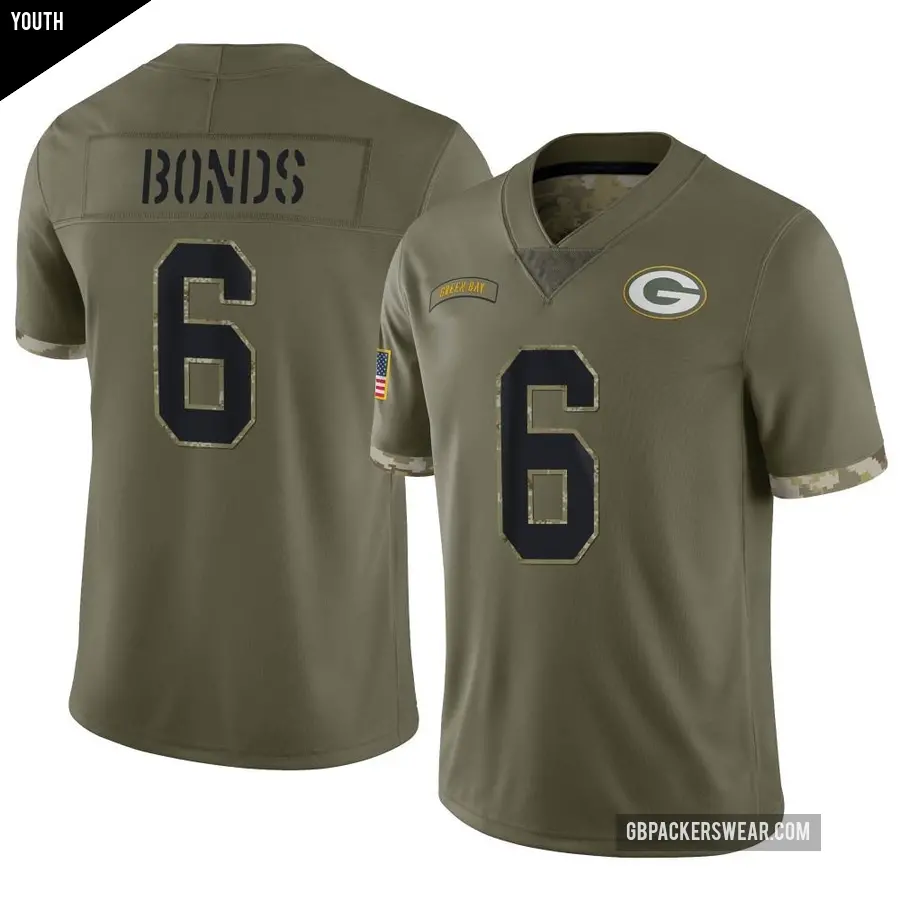 Youth Green Bay Packers ＃6 Jadakis Bonds Olive Limited 2022 Salute To Service Jersey