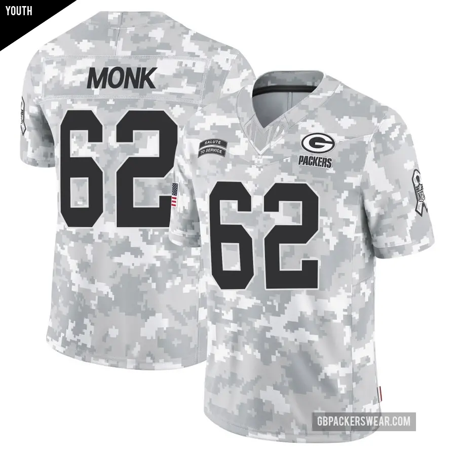 Youth Green Bay Packers ＃62 Jacob Monk Arctic Camo Limited 2024 Salute to Service Jersey
