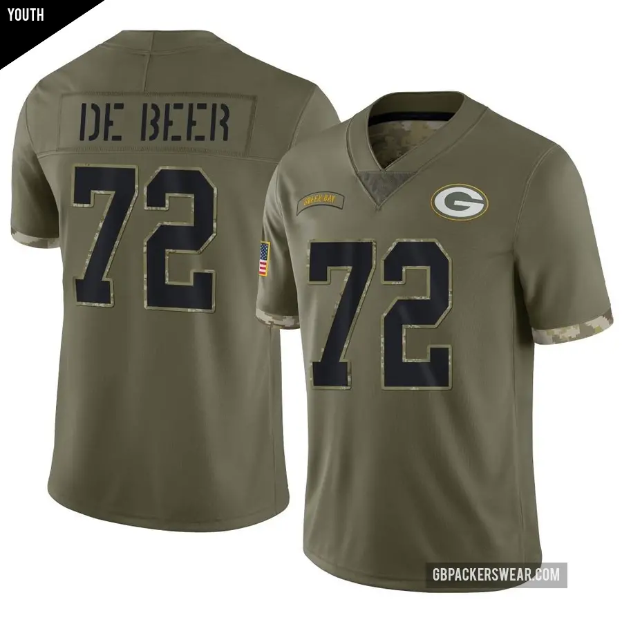 Youth Green Bay Packers ＃72 Gerhard de Beer Olive Limited 2022 Salute To Service Jersey