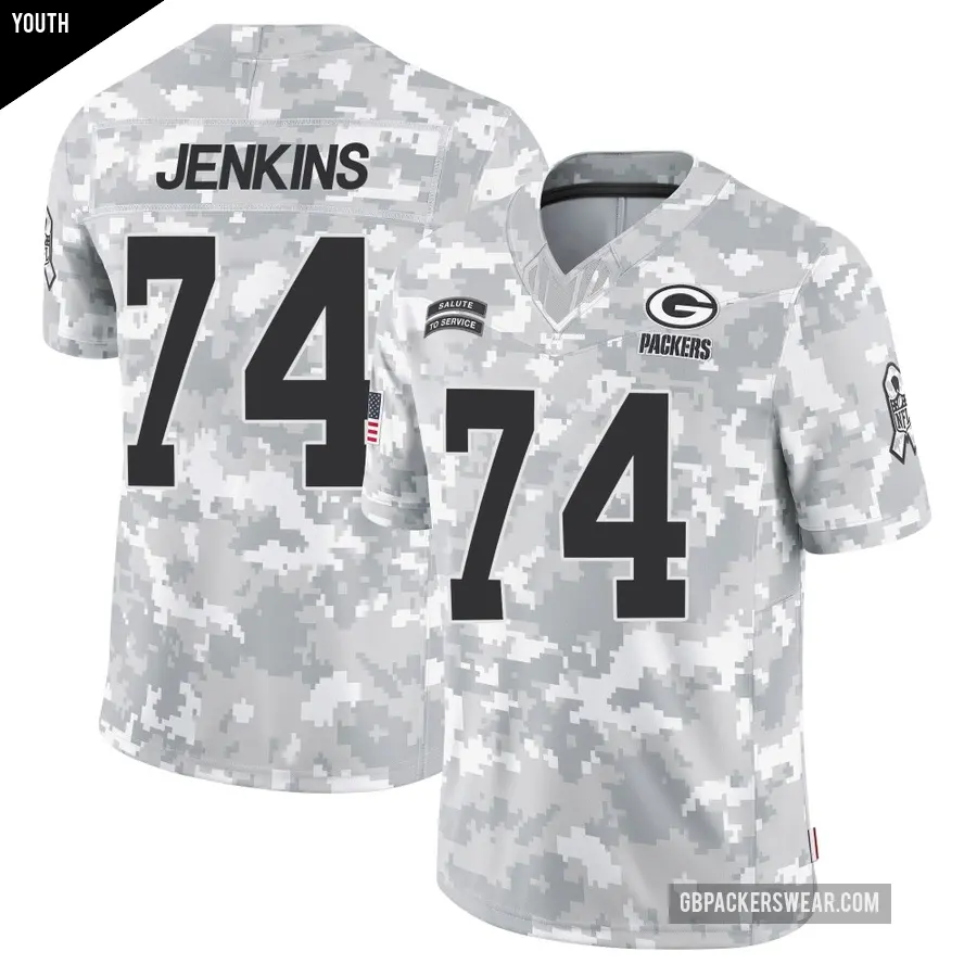 Youth Green Bay Packers ＃74 Elgton Jenkins Arctic Camo Limited 2024 Salute to Service Jersey