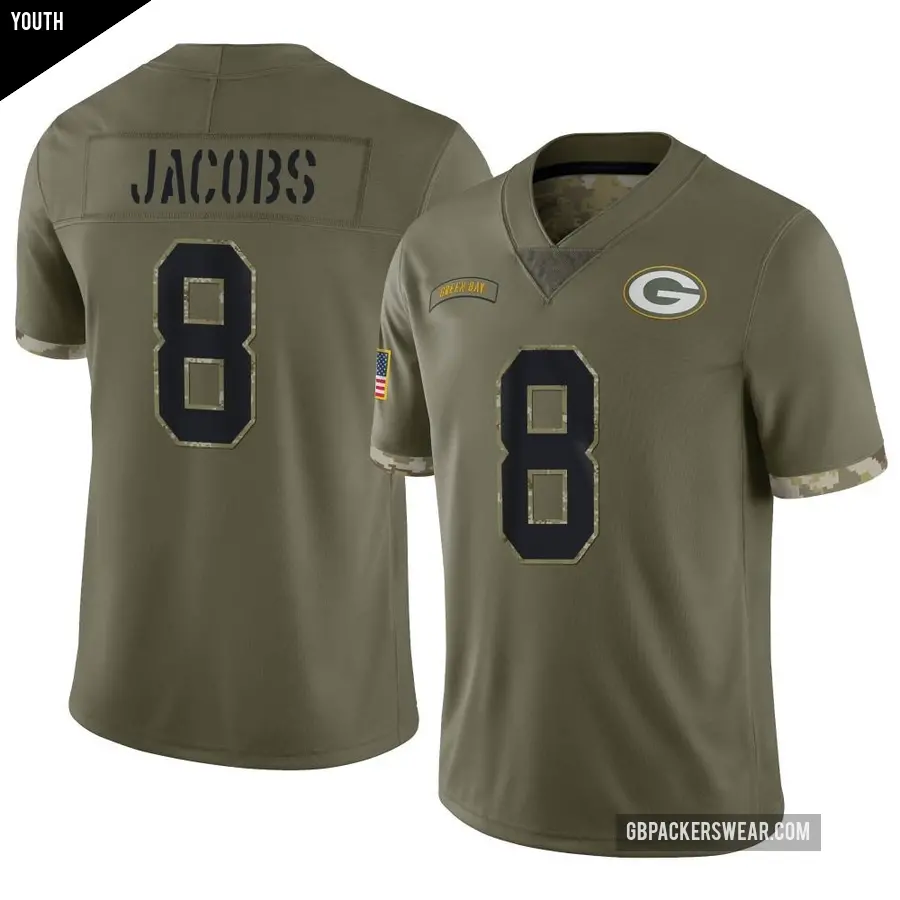 Youth Green Bay Packers ＃8 Josh Jacobs Olive Limited 2022 Salute To Service Jersey