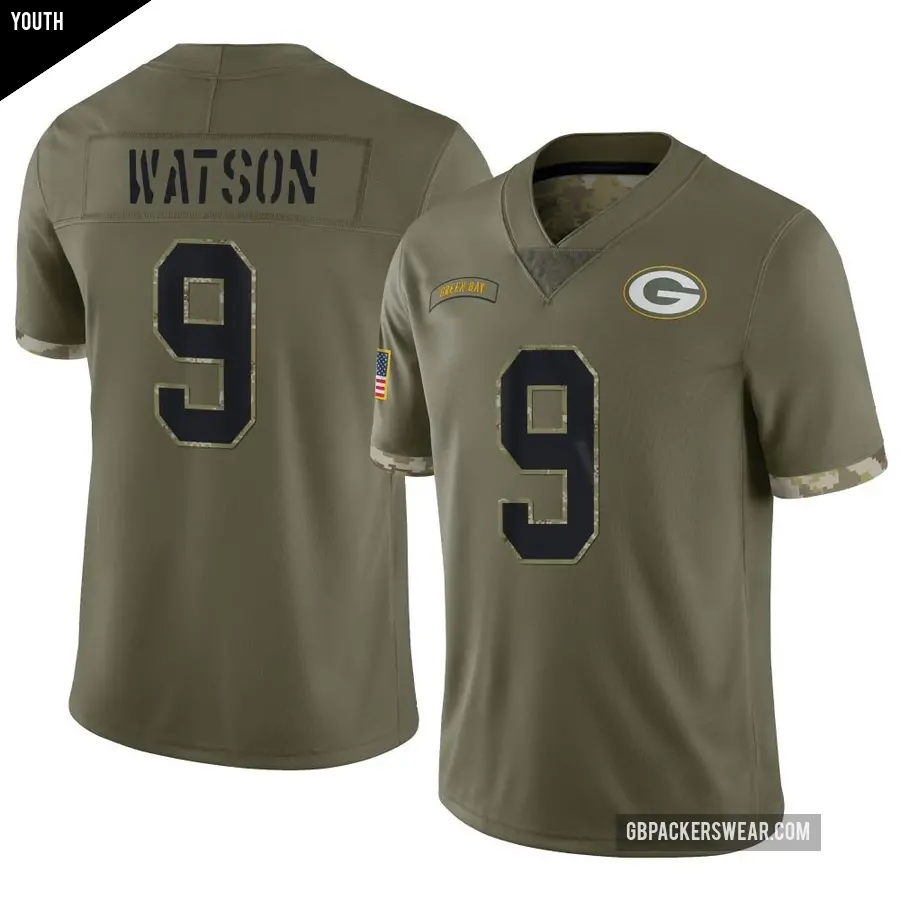 Youth Green Bay Packers ＃9 Christian Watson Olive Limited 2022 Salute To Service Jersey
